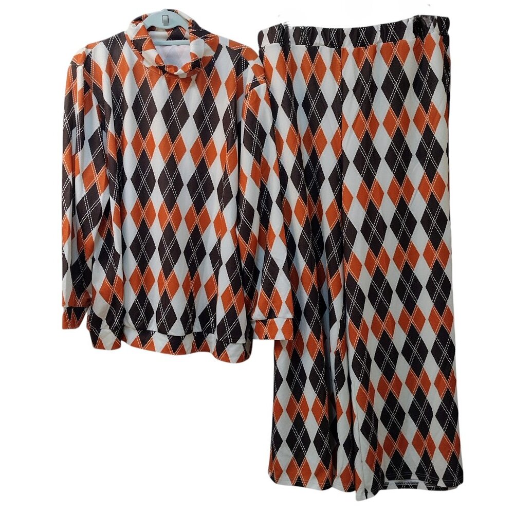 2-pc Pullover Top, Wide Leg Pants, 4XL, Brown/Orange/Cream